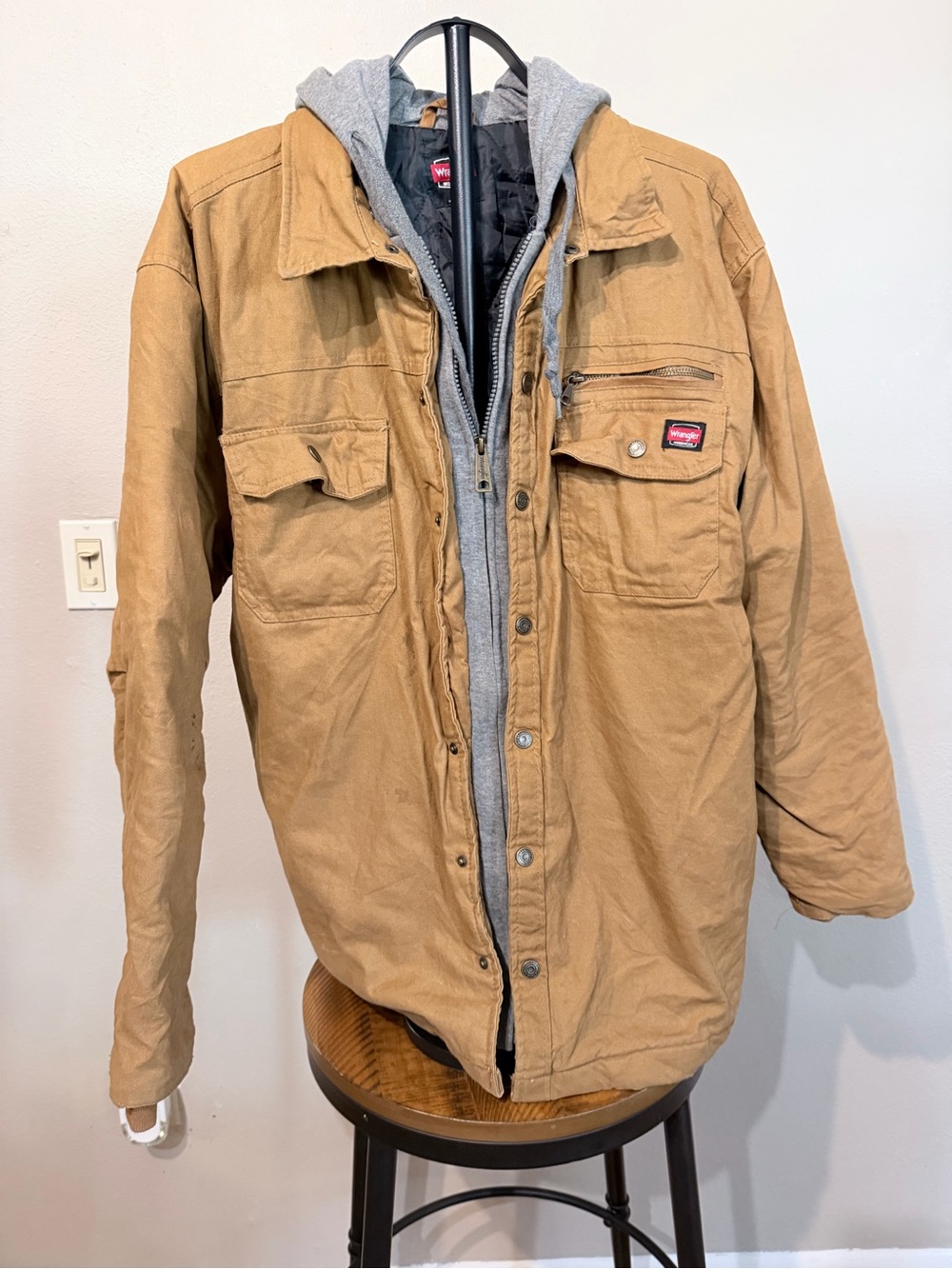 Wrangler Men’s Tan Work Jacket with Removable Gray Hoodie